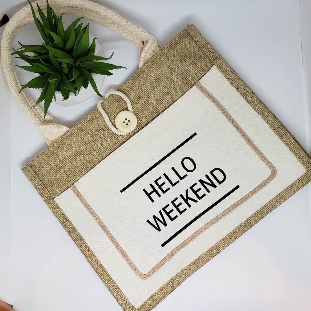 NWT HELLO WEEKEND Woven Tote, White - Picture 6 of 6
